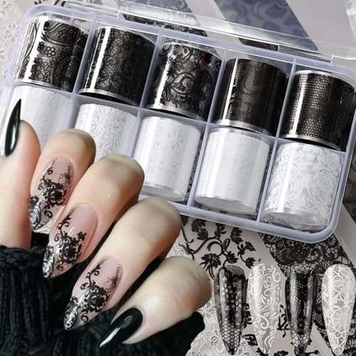 10 Rolls Lace Nail Foil for Nail Art Black White Flower Nail Art Flower-20