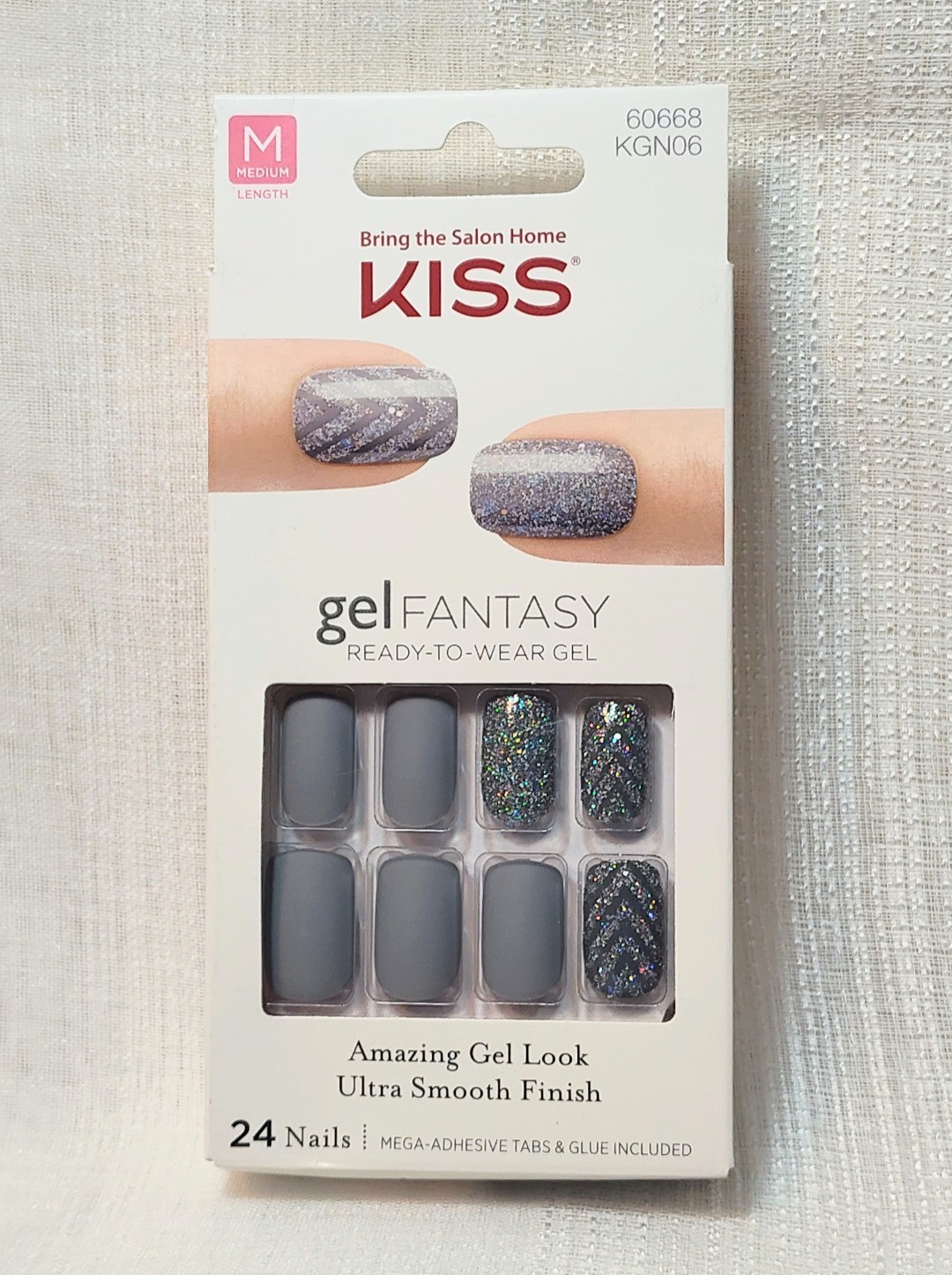 Kiss Gel Fantasy Matte Gray and Sparkle Accent Glue or Tab Press-On Nails Medium