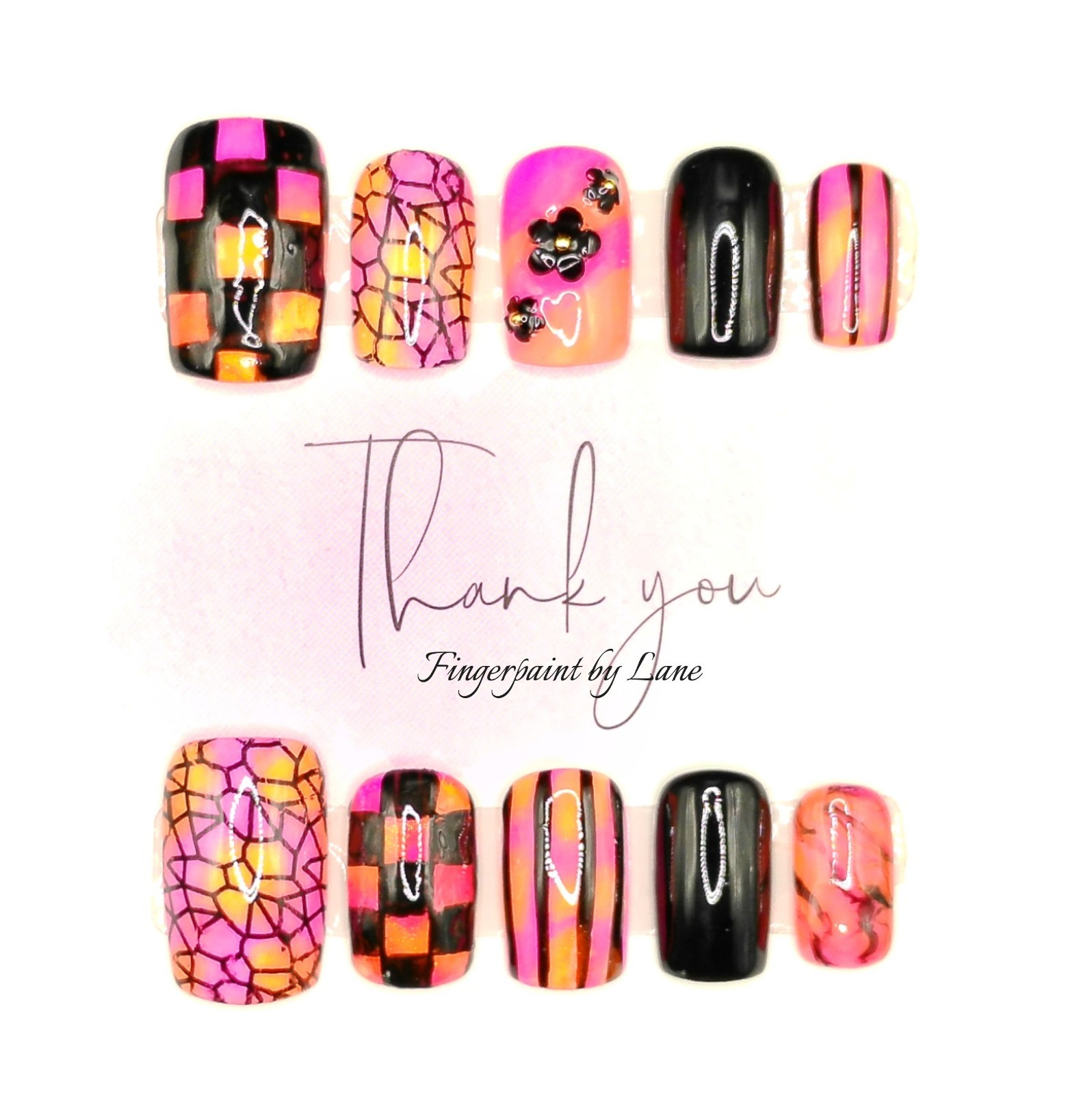 Short Square Neon Pink and Black Press On Nails – Medium Size