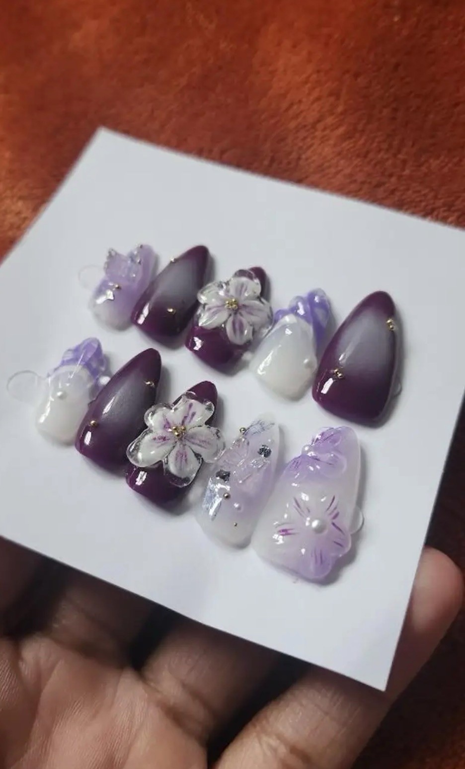 3D Shiny Floral Press-On Nails Set, Long Almond Full Cover Acrylic Purple White
