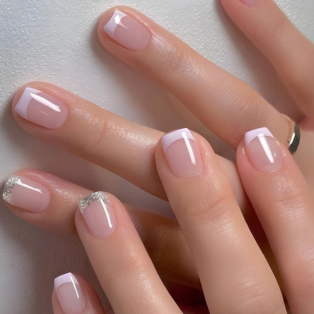 24Pcs White French Tip Press on Nails Short Square 1 Fl Oz (Pack of 1), W5