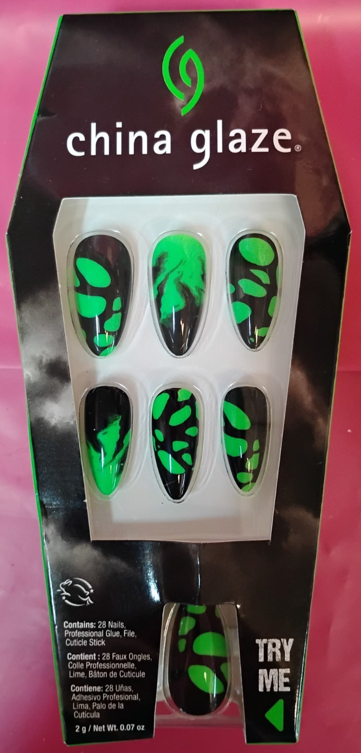 China Glaze Scaredy Cat Halloween Press On Nails Stiletto Green Black Full Cover