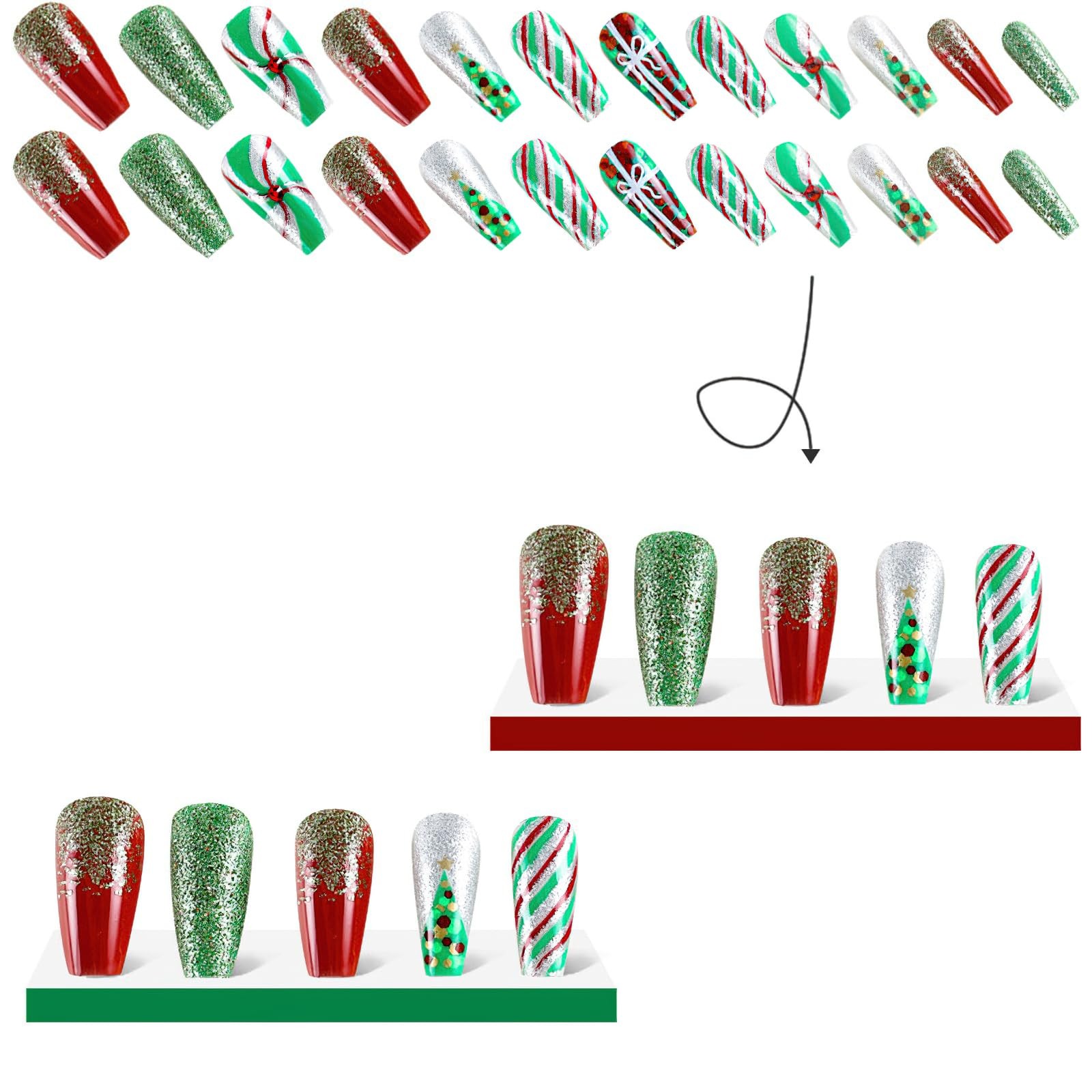 Christmas Press on Glitter Glue Nails 24pcs – Medium Square Coffin False Nail…