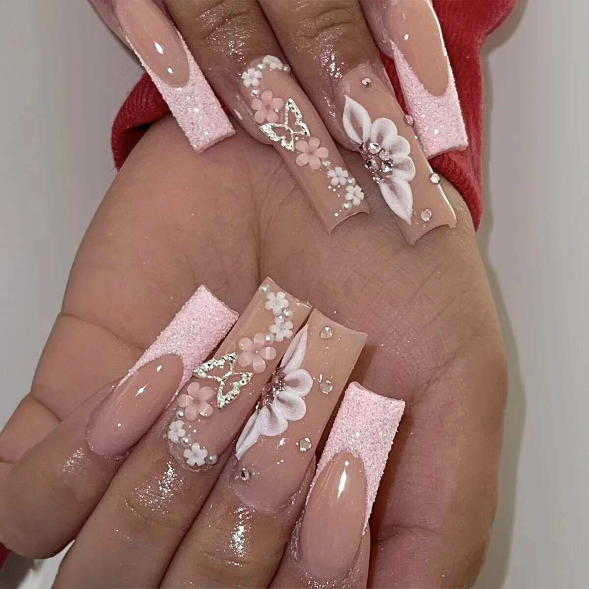 24Pcs Extra Long Square Fake Nail with Glue 3D Little Bear Bow Design False Nail