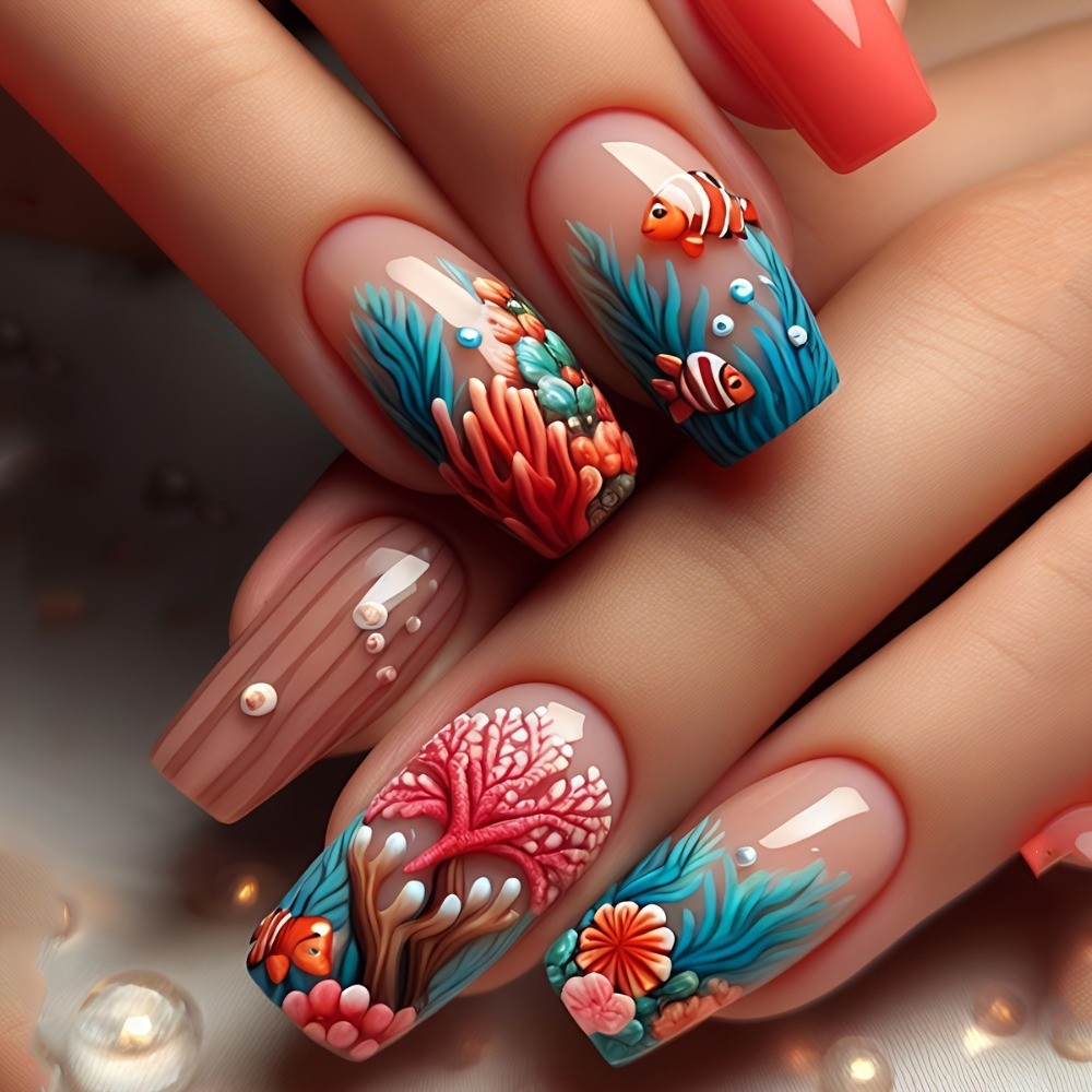 24pcs Ocean Press-On Nails: Coral, Jellyfish Mermaid Designs.Reusable Salon Art.