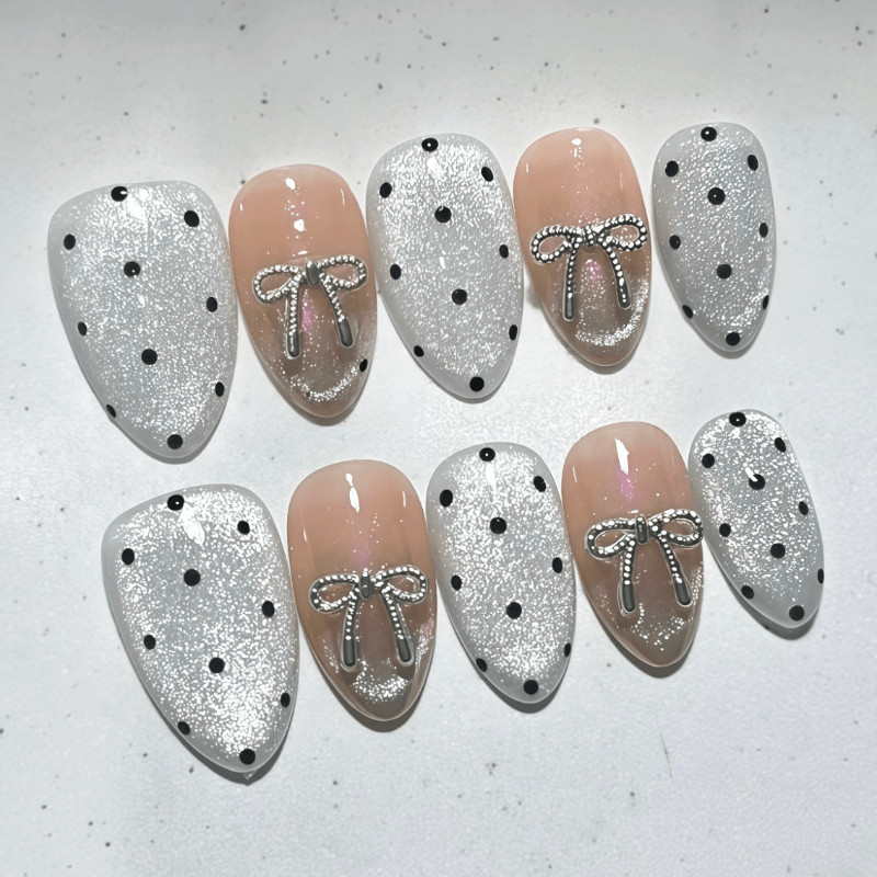 60pcs Short Oval Press on Nails, Silver Glitter Black Dot Metal Bow Sweet Nails