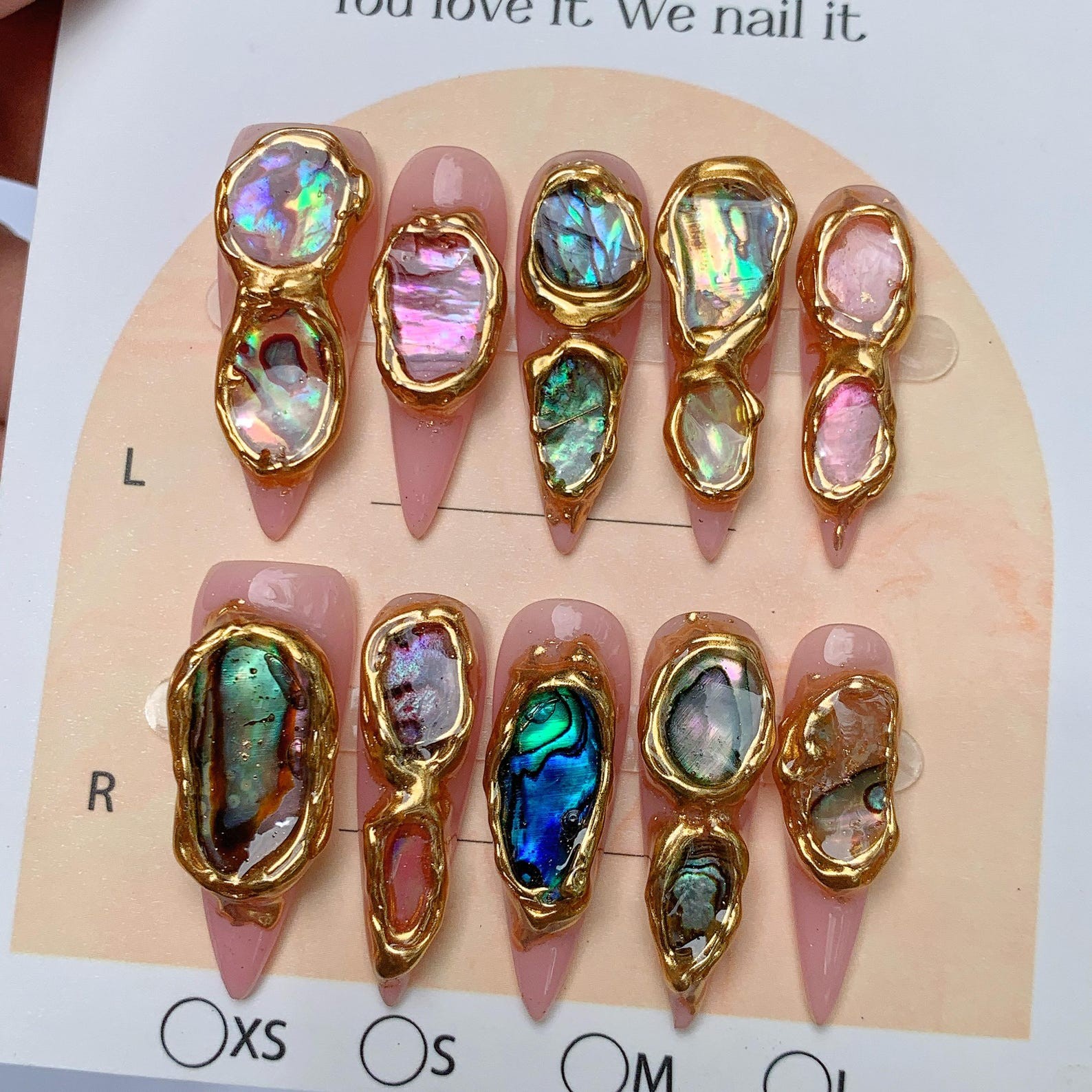 Custom Handmade Press on Nails Abalone Shell Golden Metal Luxury Salon Nail Art