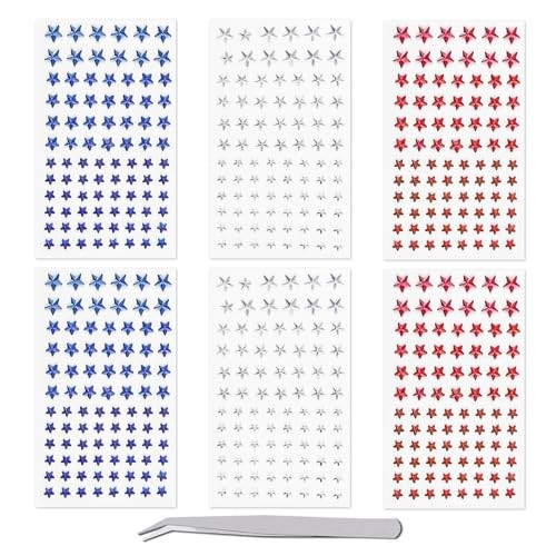 Patriotic Star Rhinestone Face Stickers Set – 6 Sheets Red White Blue 3D Self
