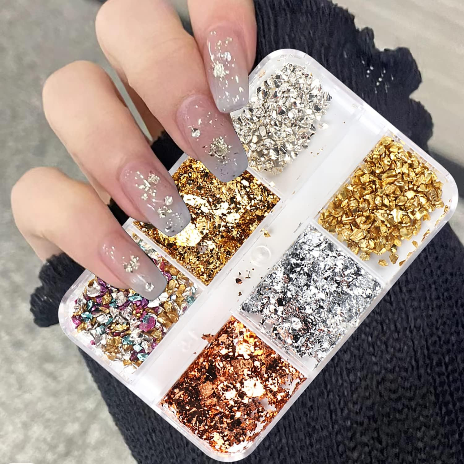 6 Colors Metallic Nail Art Foil Holographic Dazzling Irregular Nail Sequins Gold