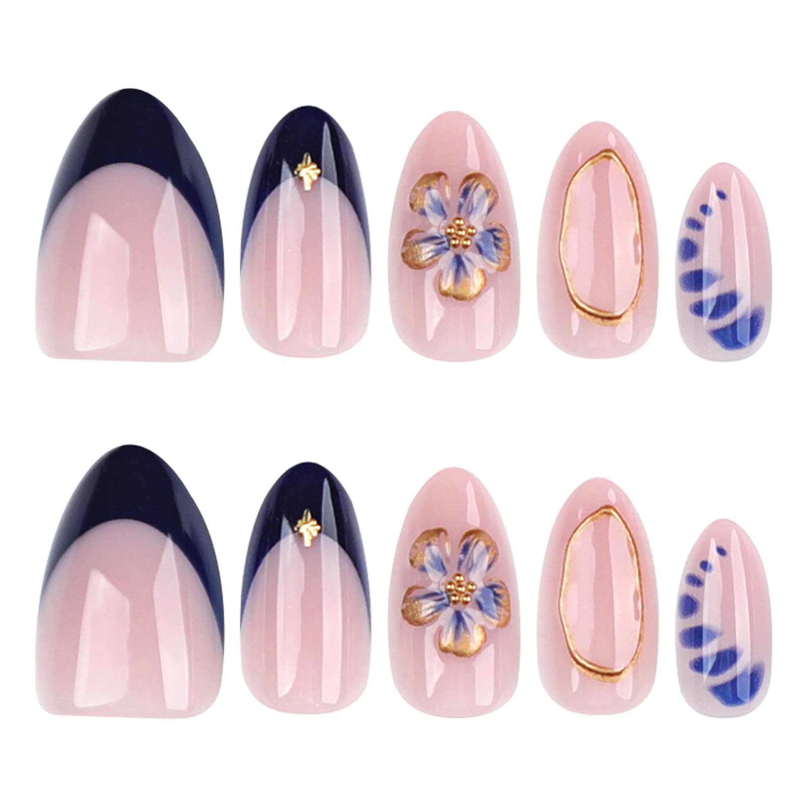 24Pcs Summer Flower Press on Nails Medium Almond Fake Nails with 3D Flower Be…