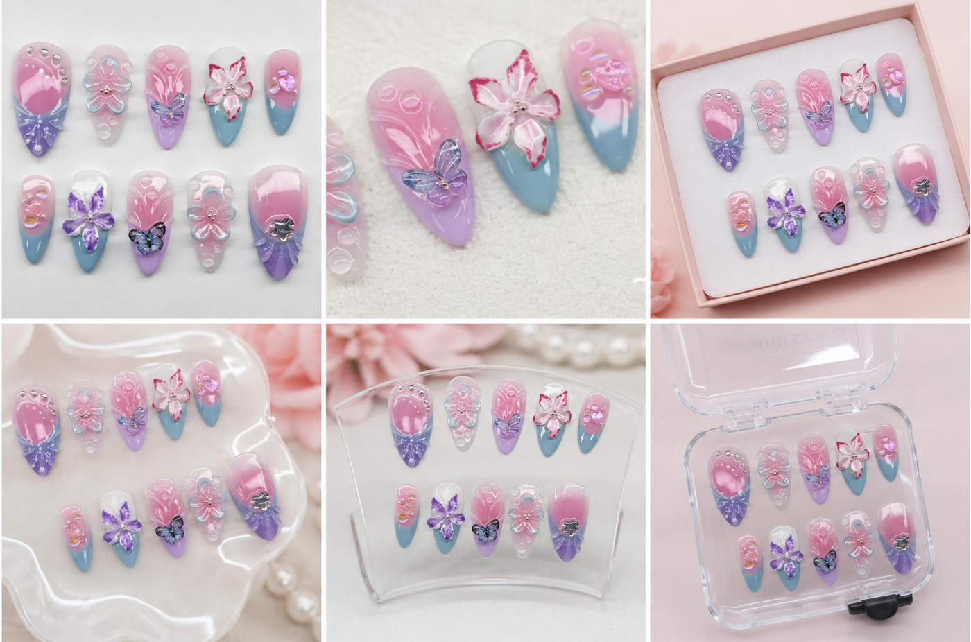 24Pcs Middle Length Purple French Press On Nails 3D Pearl Almond