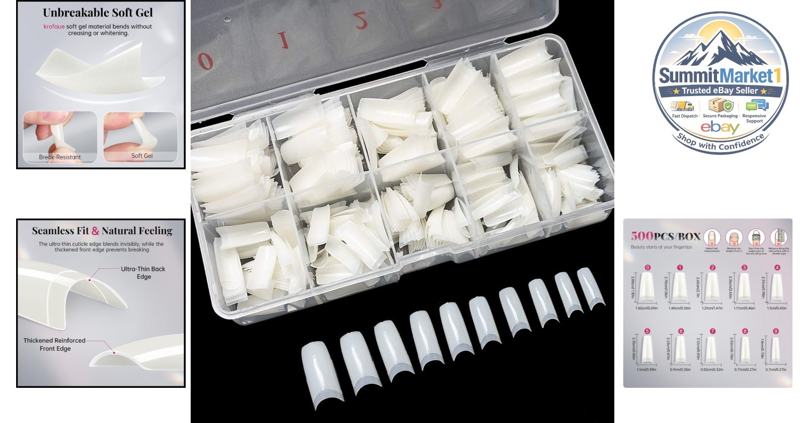 500PCS French Half Cover Acrylic Nail Tips, 10 Sizes, Crystal-Clear