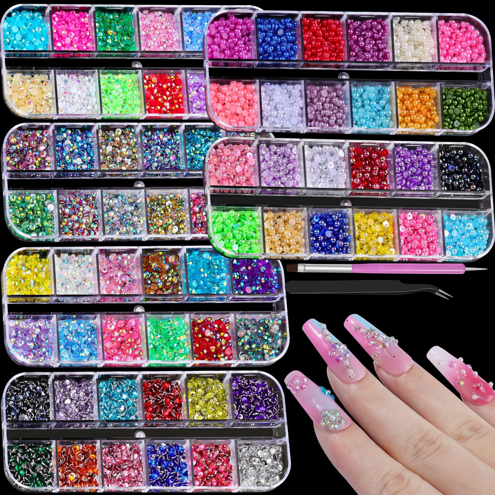 11000pcs Nail Rhinestones and Pearls for Nail Art, 3mm Resin AB Transparent J…