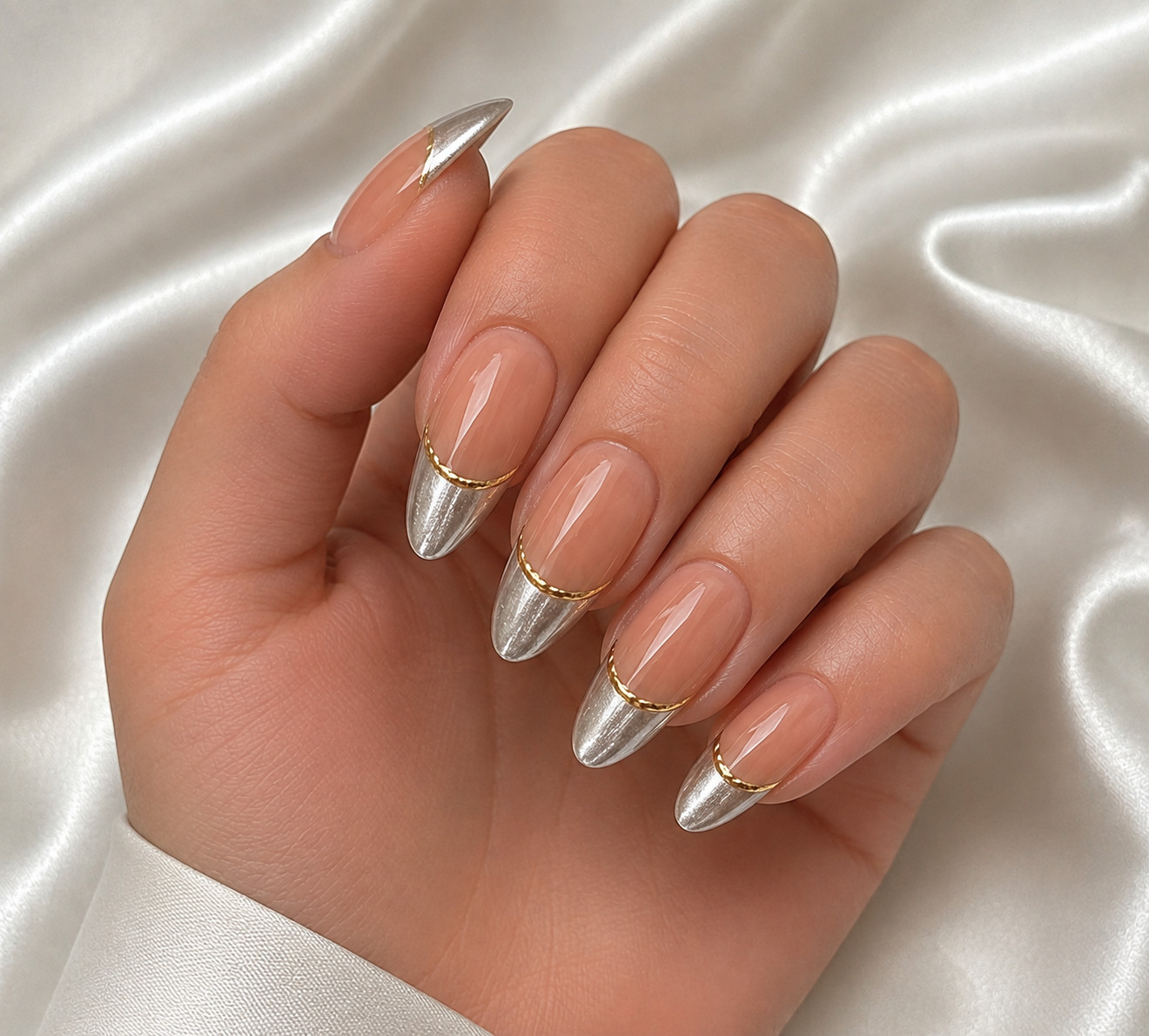 Almond Nude Gold French Tip Press On Nails with Gold Line Accent – Medium