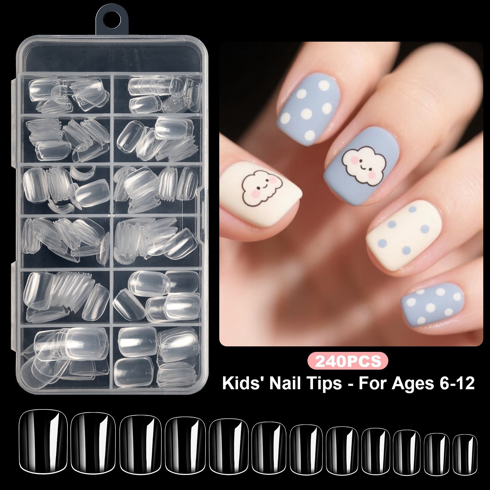 120/240PCS Non-Toxic Short False Nail Tips For Kids Ages 6-12 Full Cover Clear