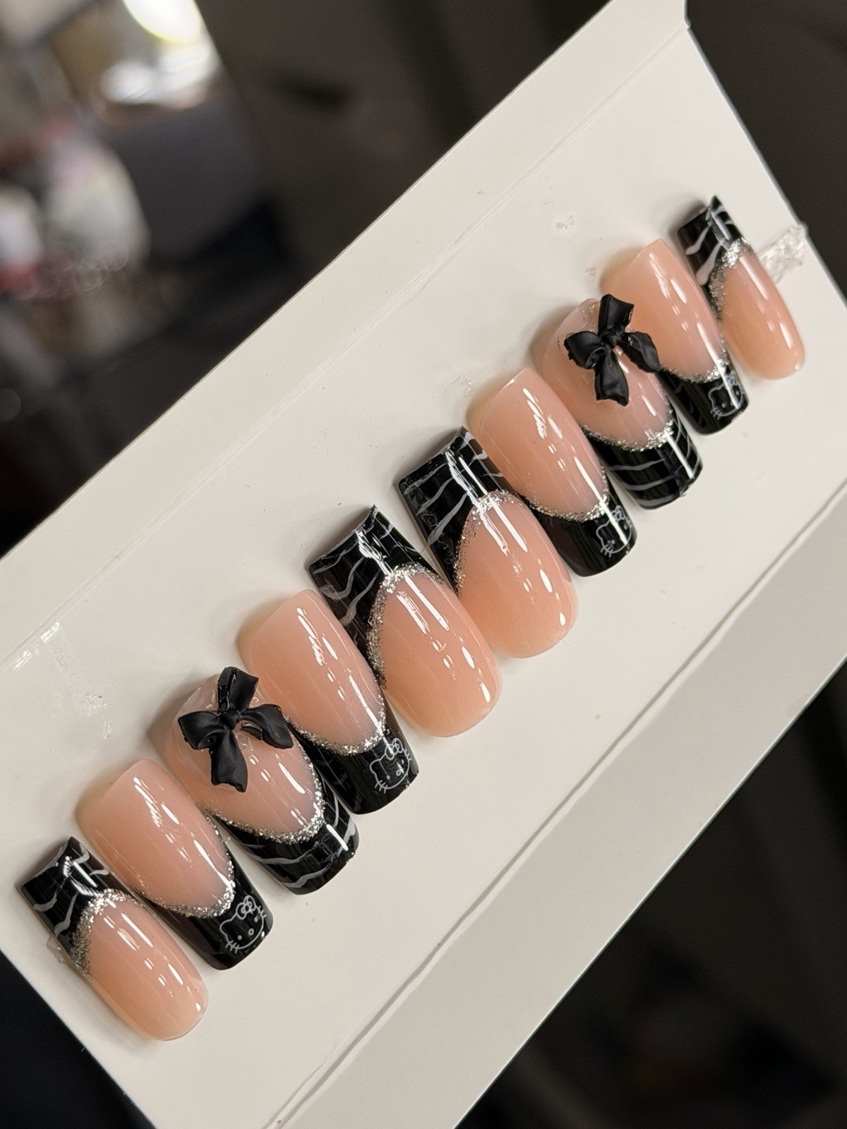 ✨ CUSTOM Press On Nails FRENCH BLACK HELLO KITTY BLING 10p SET W Kit