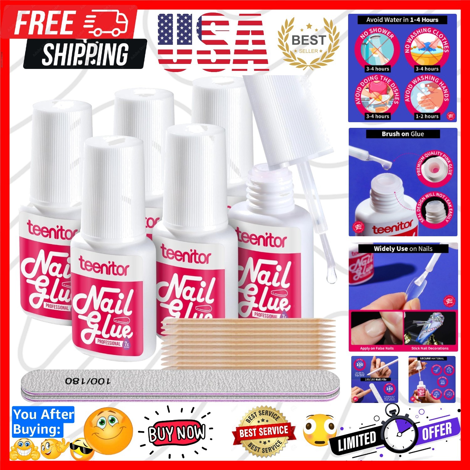 Strong Nail Glue, 42ml Professional for Press Ons, Brush-On for Acrylic Nails…
