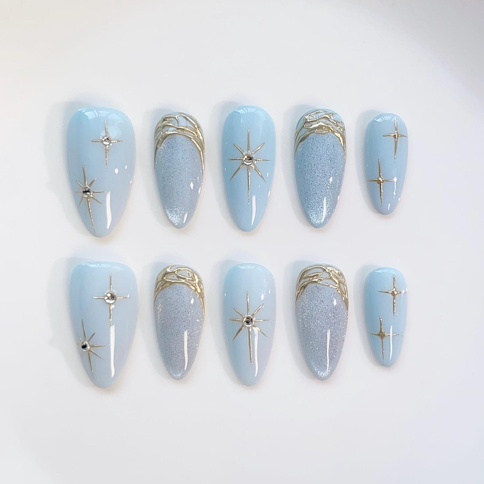 Handmade Light Blue Star Rhinestone Gold Glitter Medium Almond Press on Nails