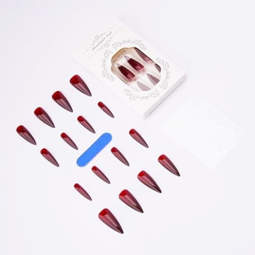 24Pcs Halloween Press on Nails Stiletto Fake Nails Dark Red Long Style-23