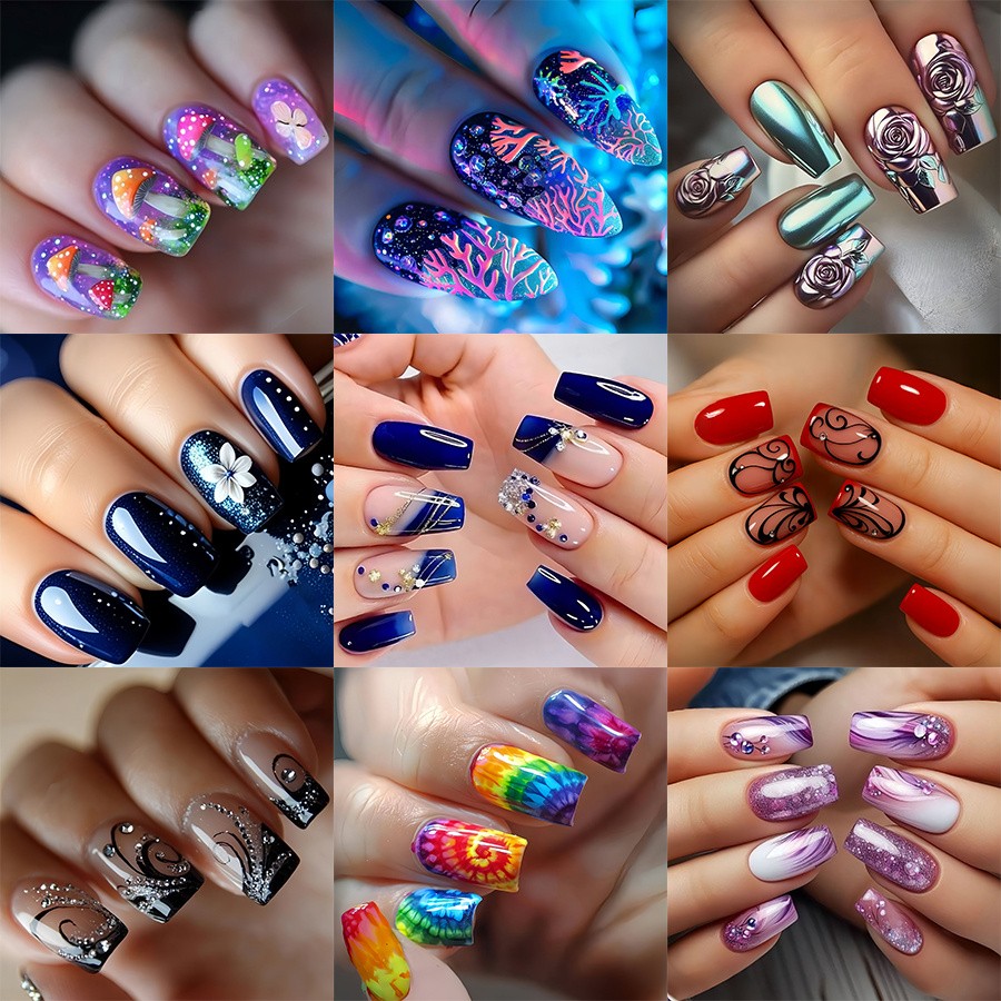 24pcs Medium Ballet Nails Purple Blue Floral with Mushroom Sea Plant Design