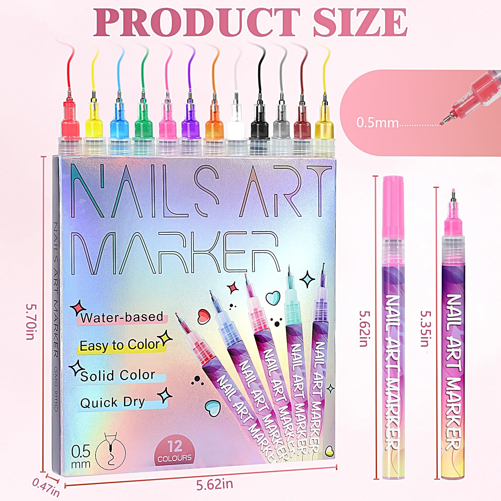 12 Color Nail Art Pens Fine Tip Acrylic Polish Liner Brush Quick Dry