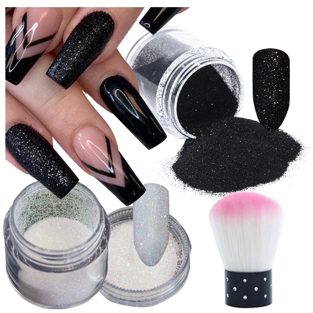 2 Boxes Holographic Nail Glitter Powder White Black Shining Sugar,1Pcs Soft Nail