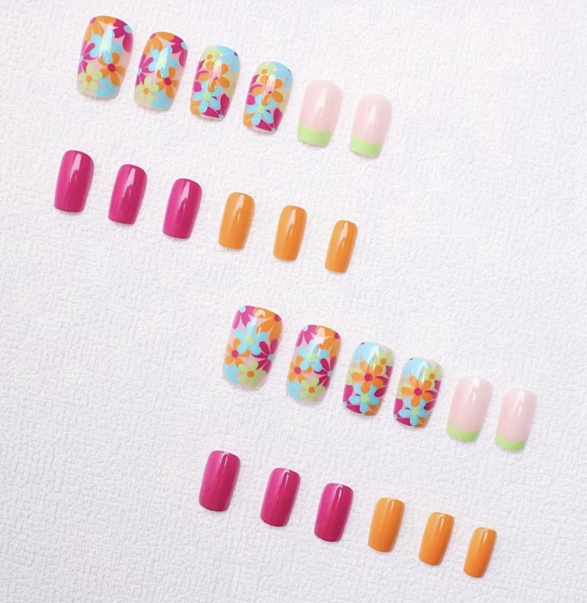 Beautiful Nail Pink Orange French Square Press-On Nails Flowers
