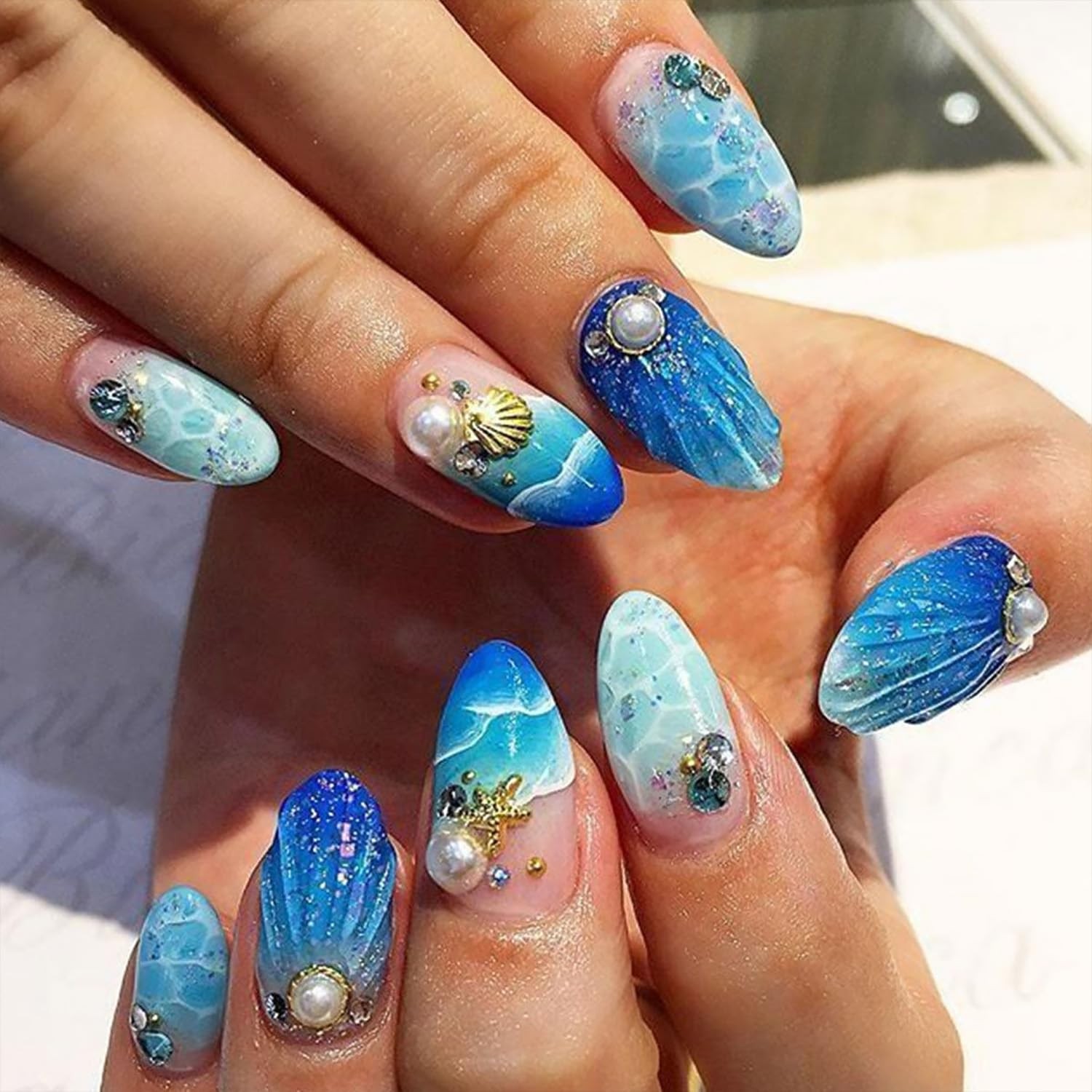 24Pcs Summer Press on Nails Medium Almond Fake Nails Blue Ocean Design 3D Gol…