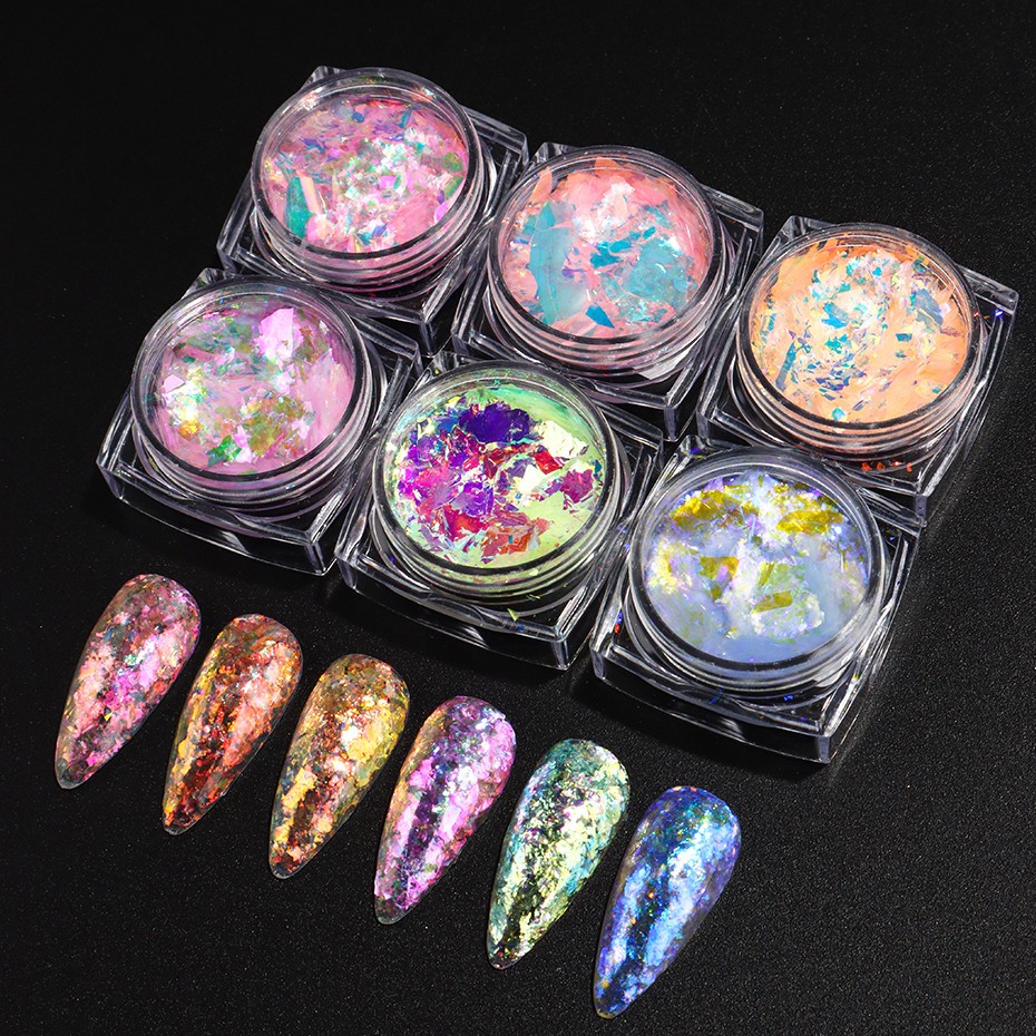 6pcs Aurora Opal Nail Glitter Flakes Iridescent Nail Pigment Crystal Mermaid Spa