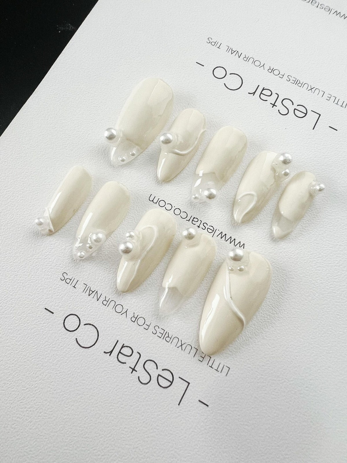 Handmade Cream White 3D Curve Line Pearl Long Almond Press on Nails Set