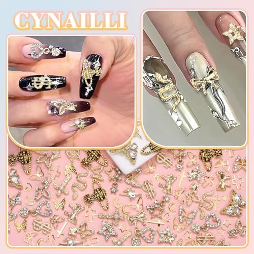 320 Pcs 3D Gold Nail Charms, Cross Snake Star Heart Dangle Nail Gems color-S1