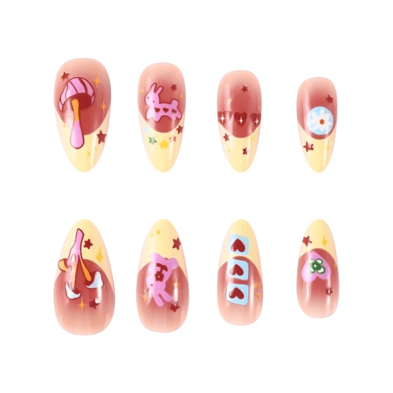 48 Cartoon Rabbits and Heart-shaped Medium Almond Length, Removable Fake Nail