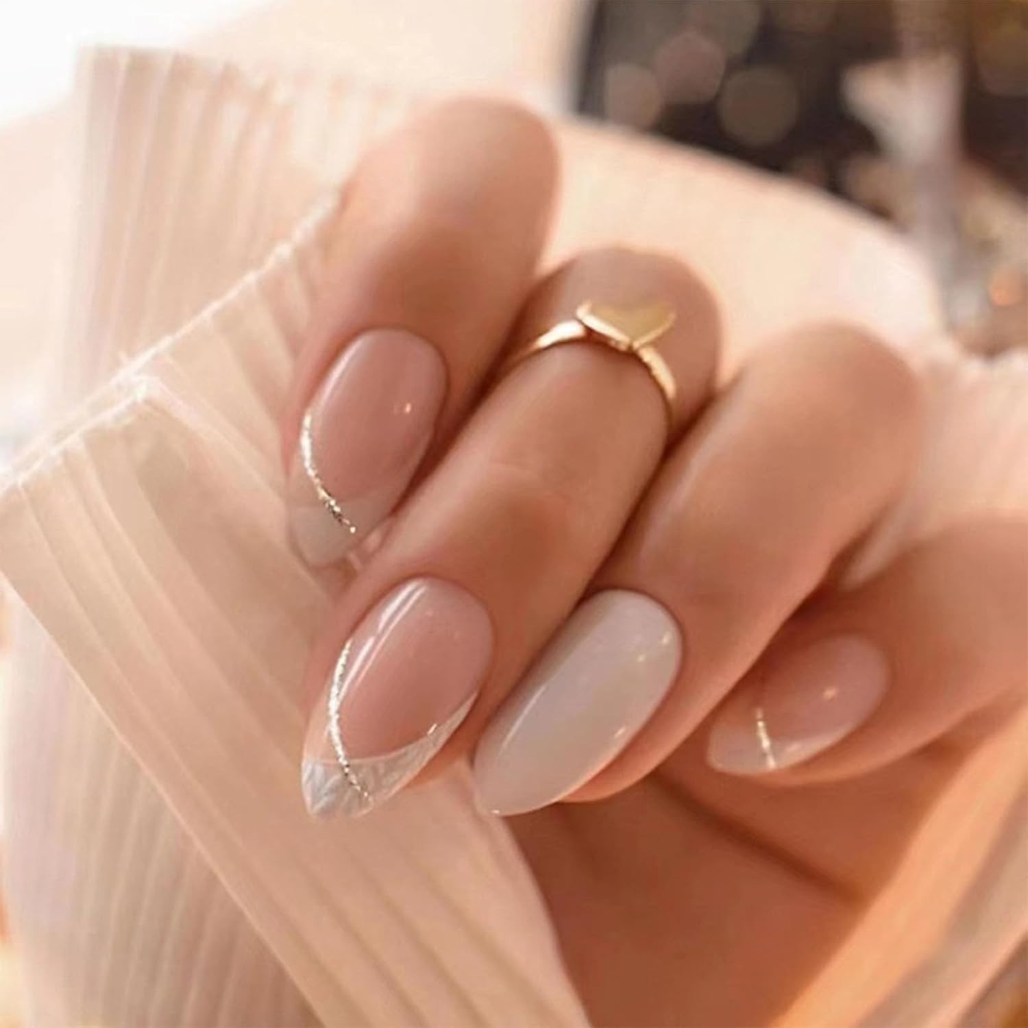 24Pcs Chrome Almond Press On Nails Medium Glossy Fake Nails with Glue Tabs