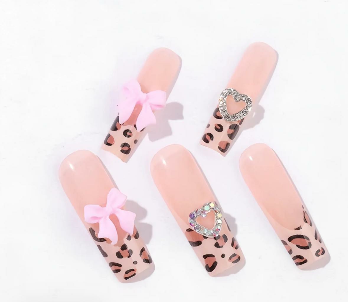 Long Square Shiny Leopard Print Press-On Nails Full Cover Pre-Designed Pink