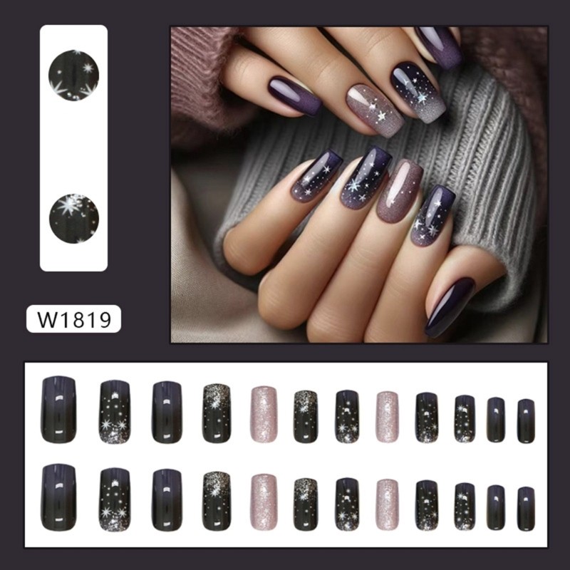 24Pcs Medium Blue Gradient False Nail Starlit Full Cover for Women Girls