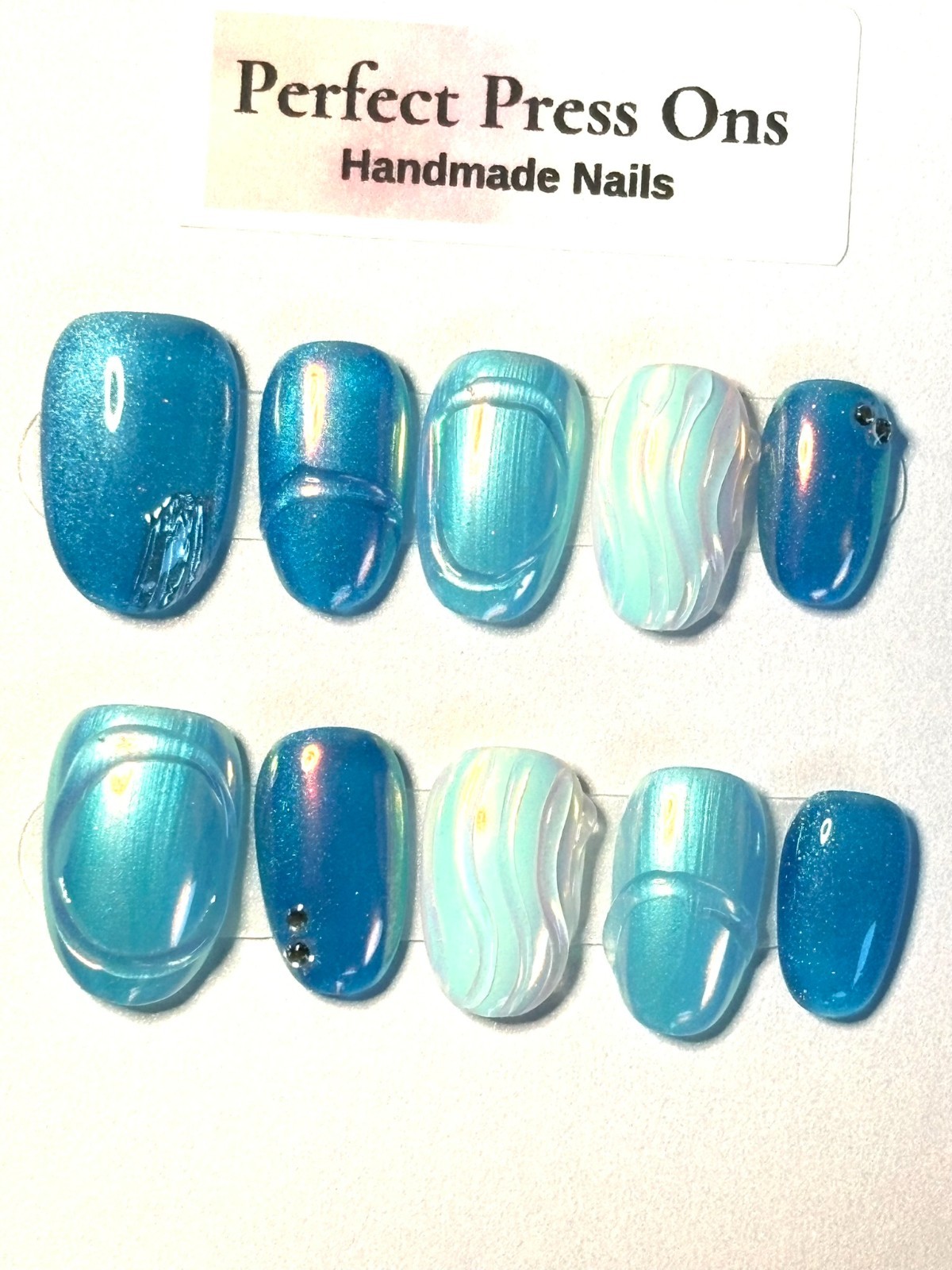 Blue Aura Press On Nails 3D Sea Wave Water Ripple Metallic Chrome Handmade Small