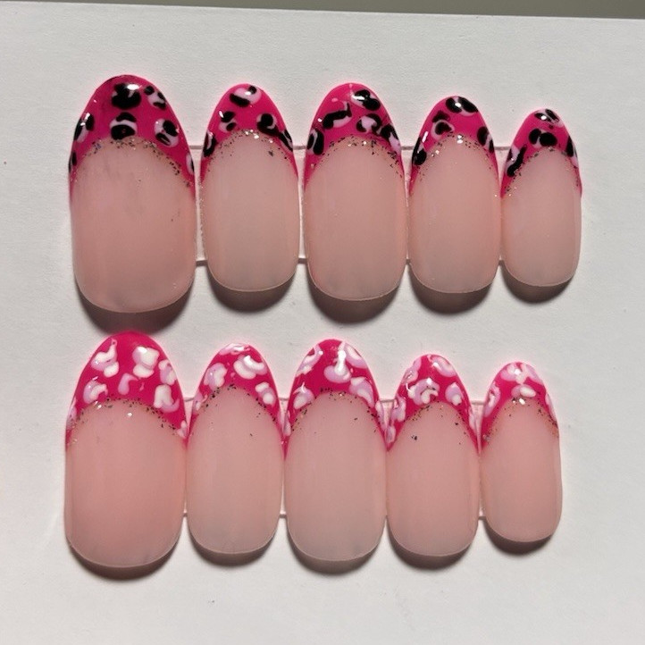 Pink Black Leopard French Tip 3D Heart Press-On Nails Acrylic Short Oval Set