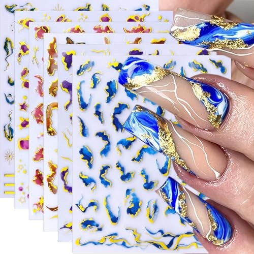 6Pcs Marble Nail Art Stickers 3D Geometric Wave Line Nail Summer Stickers-14