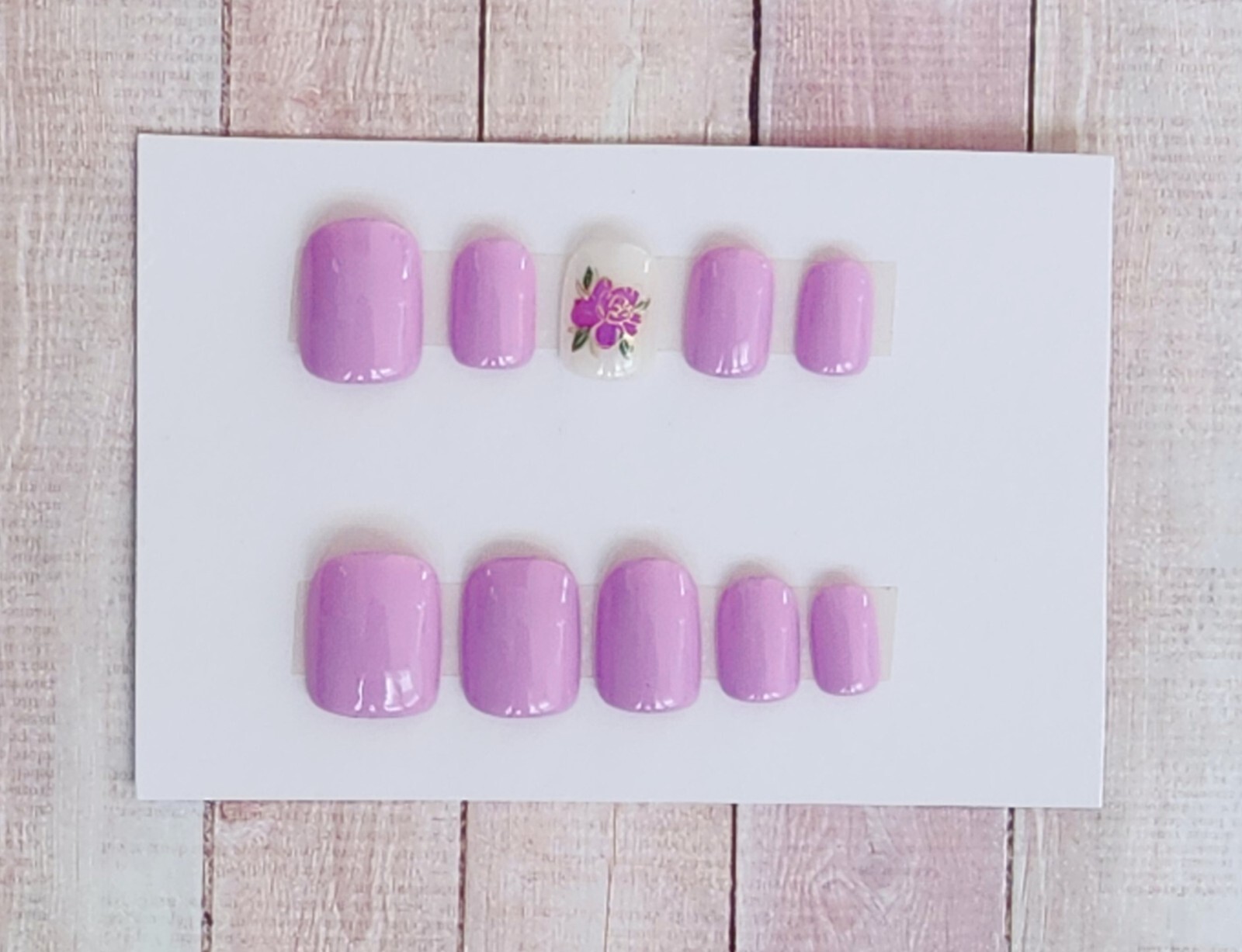Custom Press On Handmade Gel Nails Lavender Rose Floral Square Short 20 Tips
