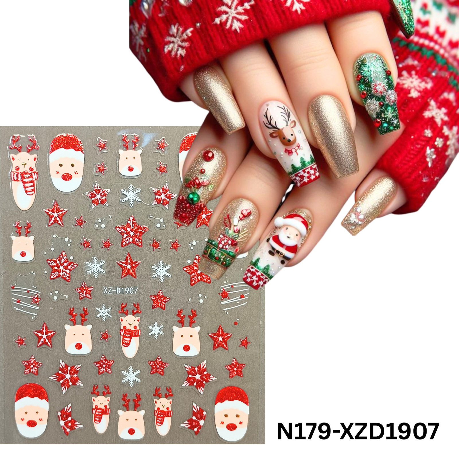 Set of 12 Christmas 3D Nail Decals – Holiday Reindeer, Candy Cane, Santa & Snowf