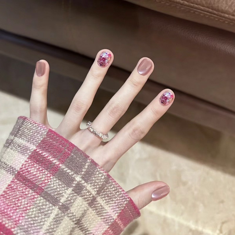 10Pcs-Short Round Nude Brown Pink Iridescent Glitter Glossy Press on Nails