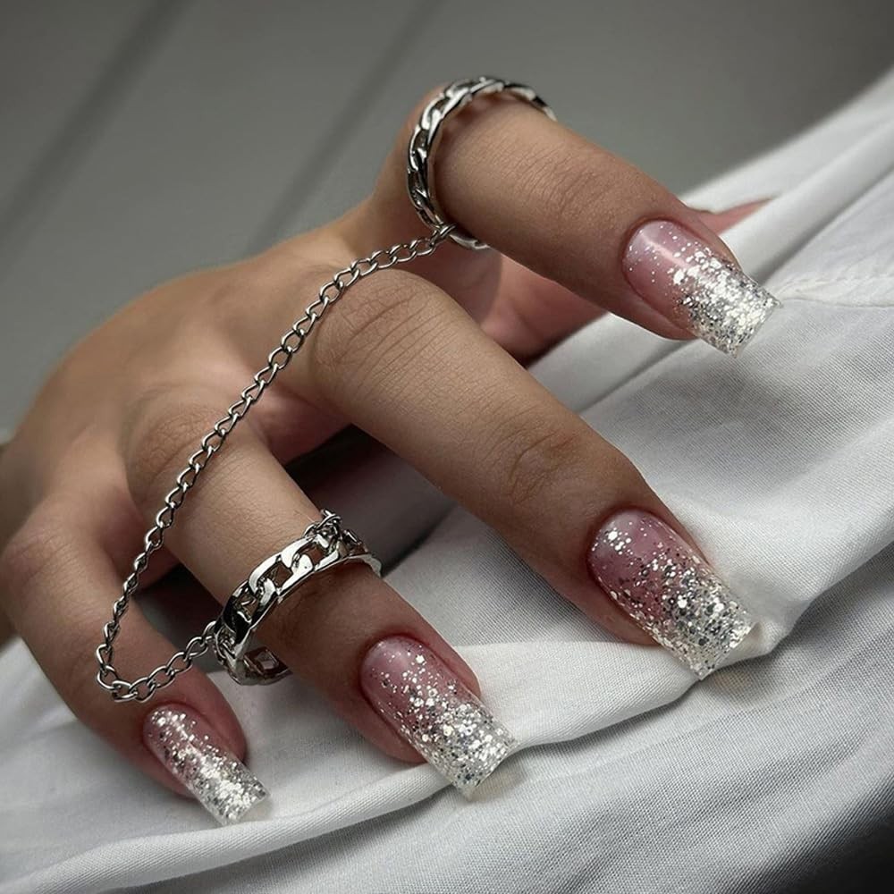 Square Press on Nails Short Medium Ombre White fake on Nails with Bling Glitt…