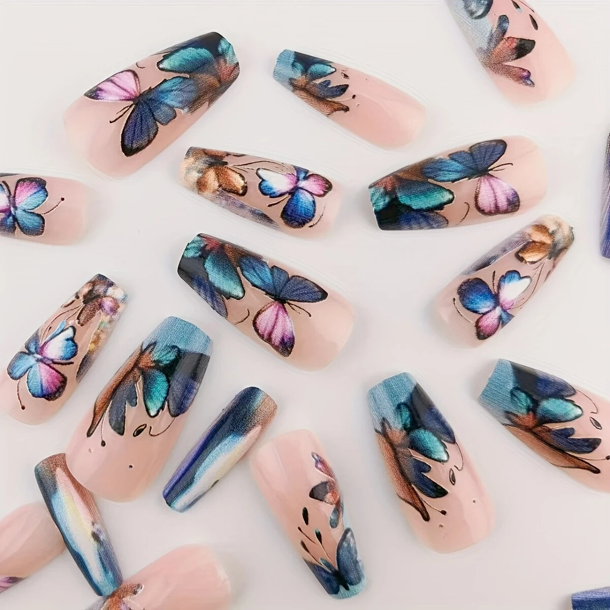 24pcs Ballet Press-On Nails, Medium Length, Glossy, Colorful Butterfly Design