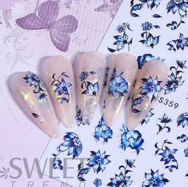 2Sheets Blue porcelain floral Flower Nail Stickers Self-adhesive Decoration NS8