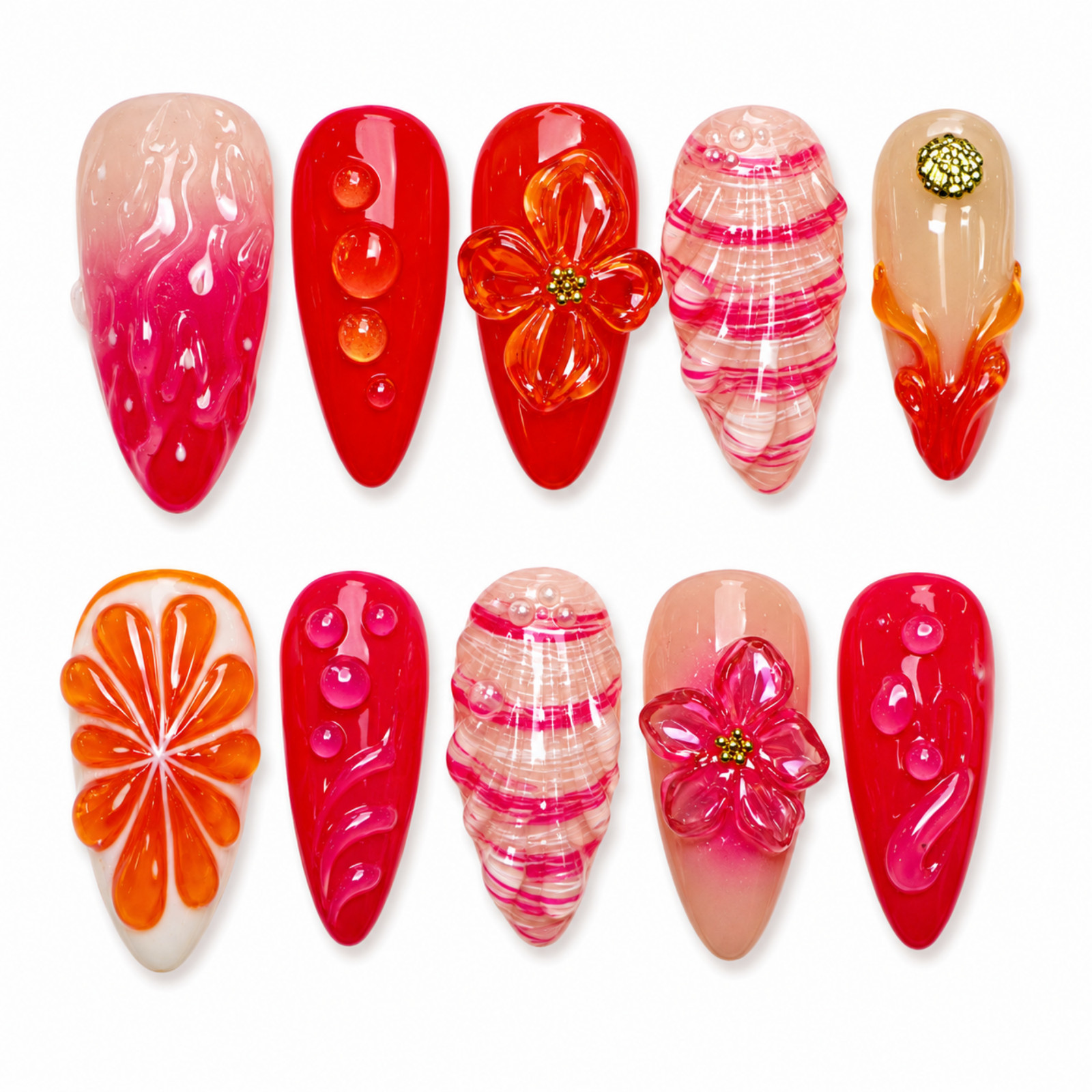 Handmade 3D Floral Press On Nails Red Pink Orange Glossy Set