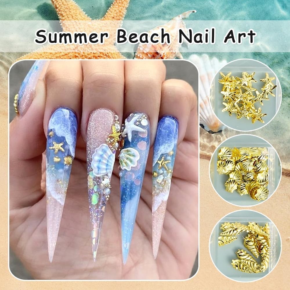 Summer Beach-Themed Nail Charms: 200 Gold Studs with Pearls & Caviar Beads