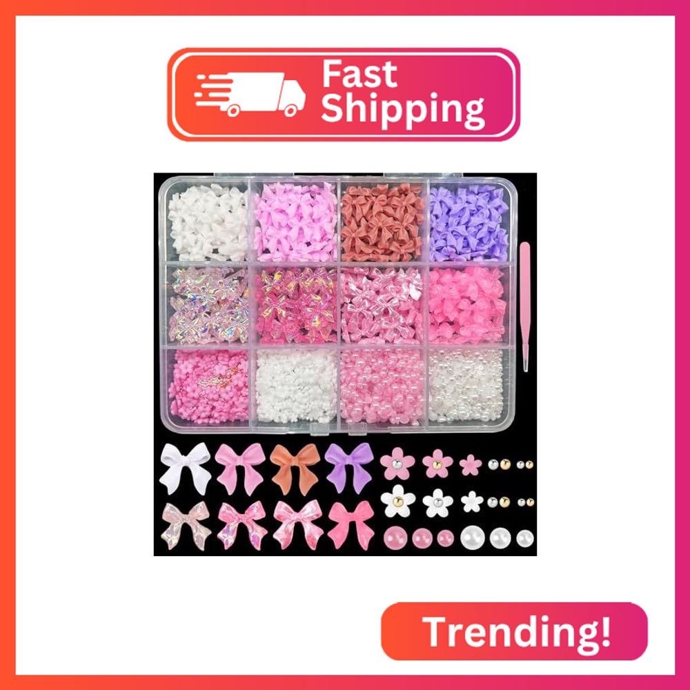 1000 PCS 3D Nail Charms Bulk 8 Colors Bow Nail Charms Y2K Flower Rose Heart Star