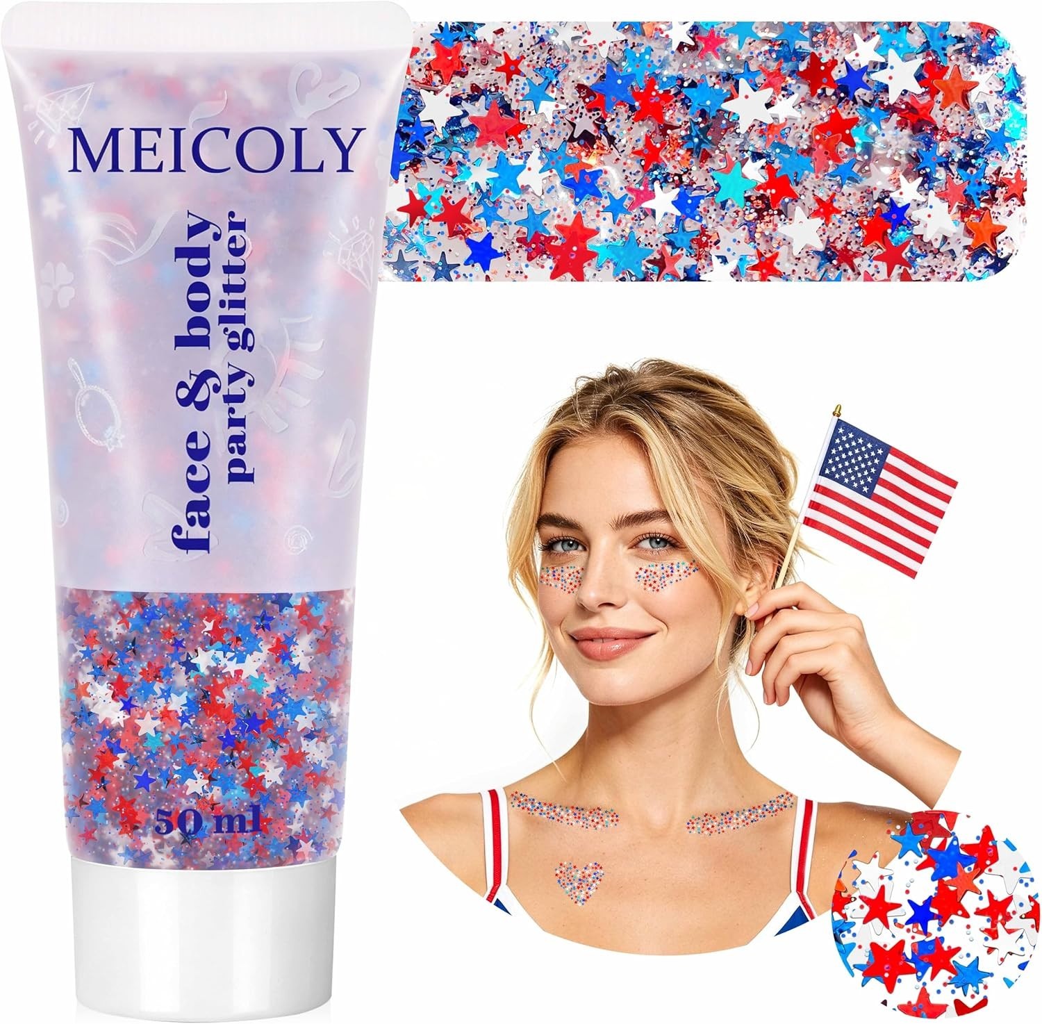 50g Star Shaped Red White and Blue Body Glitter Face Glitter Gel, Patriotic A…