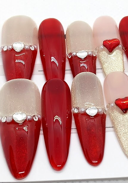 Stunning 10 pc. SIZE LARGE Rhinestone Handcrafted Almond 3D Press on nails red