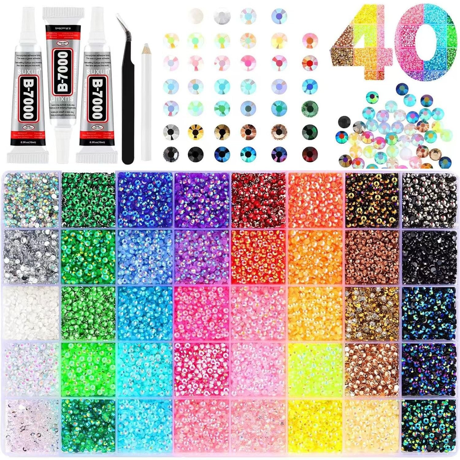 Bedazzler Kit 40 Colors Resin Jelly Rhinestones for Bedazzling, 3mm 40000 Pcs Fl